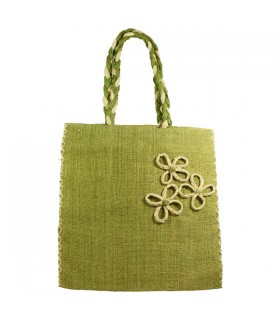 Cabas en raphia Motif fleurs Vert et Naturel