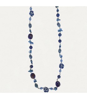 Collier sautoir femme fleuri roses bleues