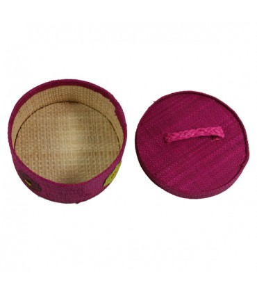 Petite boîte ronde en raphia, motif fleurs fuchsia ouverte
